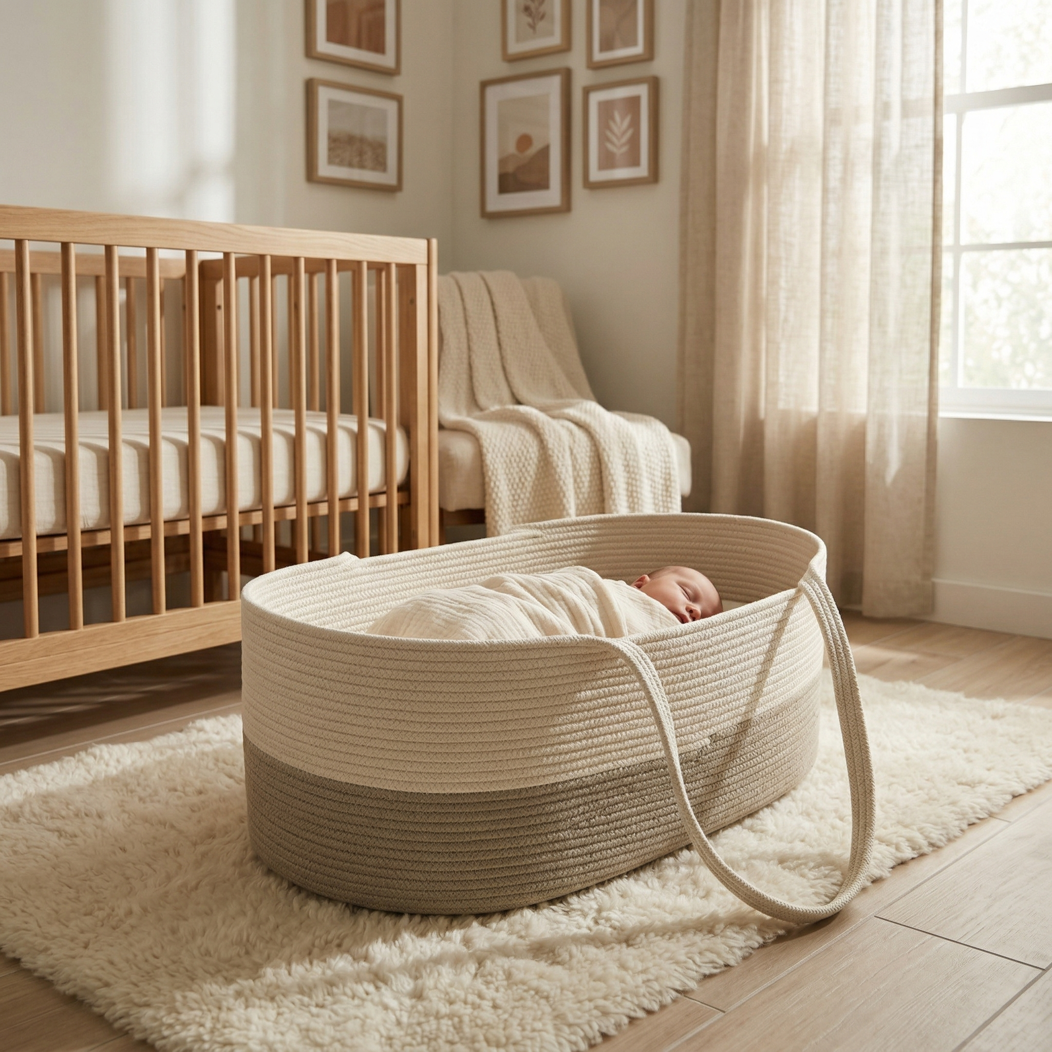 A newborn baby sleeps in a Baby Rest Basket on a soft rug in a sunlit nursery, with a wooden crib, beige curtains, and framed art in the background. The bedding is made from قطن طبيعي for extra comfort.