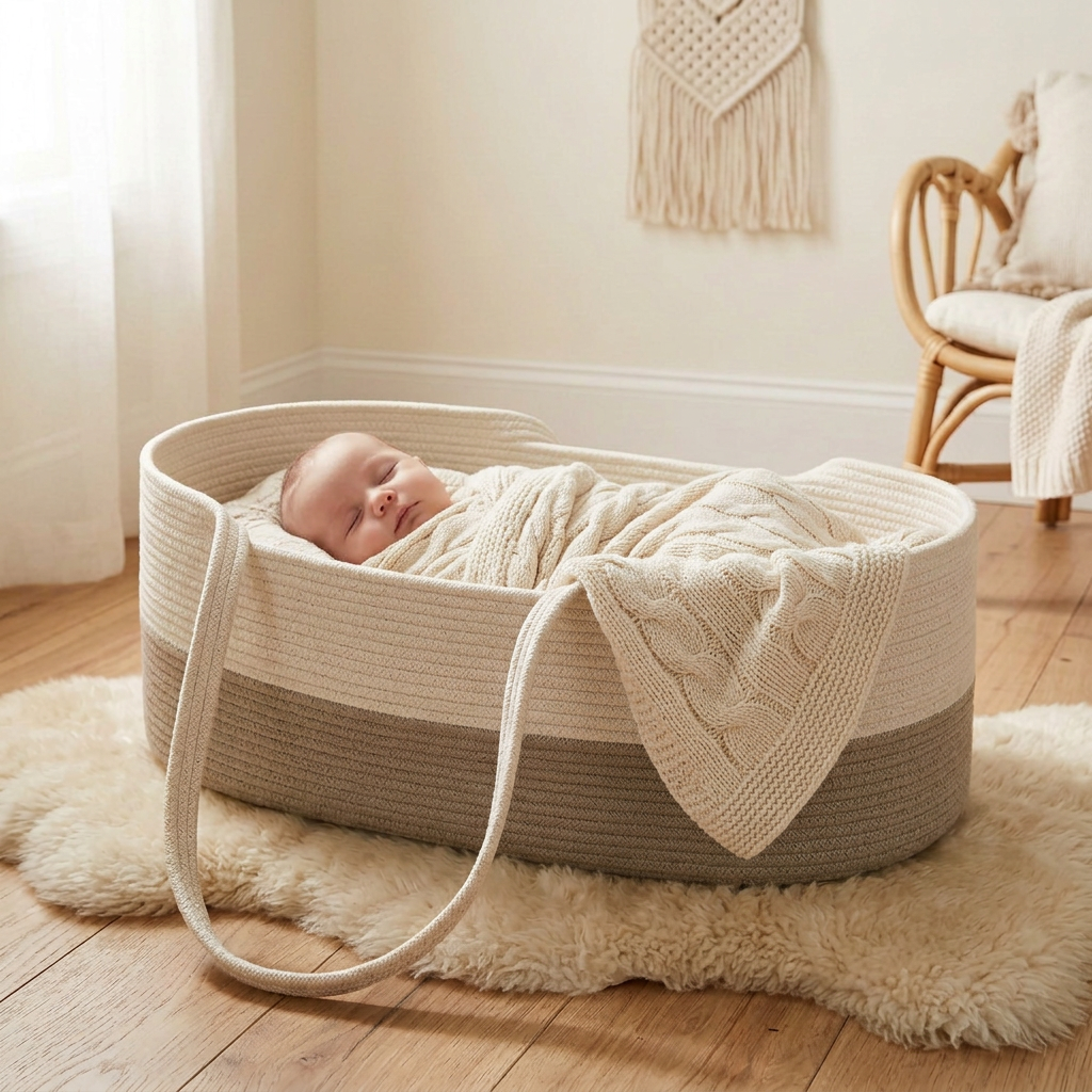 A newborn sleeps peacefully in a Baby Rest Basket (مهد حديثي الولادة) woven from قطن طبيعي, wrapped in a cream knit blanket, on a soft rug in a cozy, sunlit room with wooden furniture and neutral decor.
