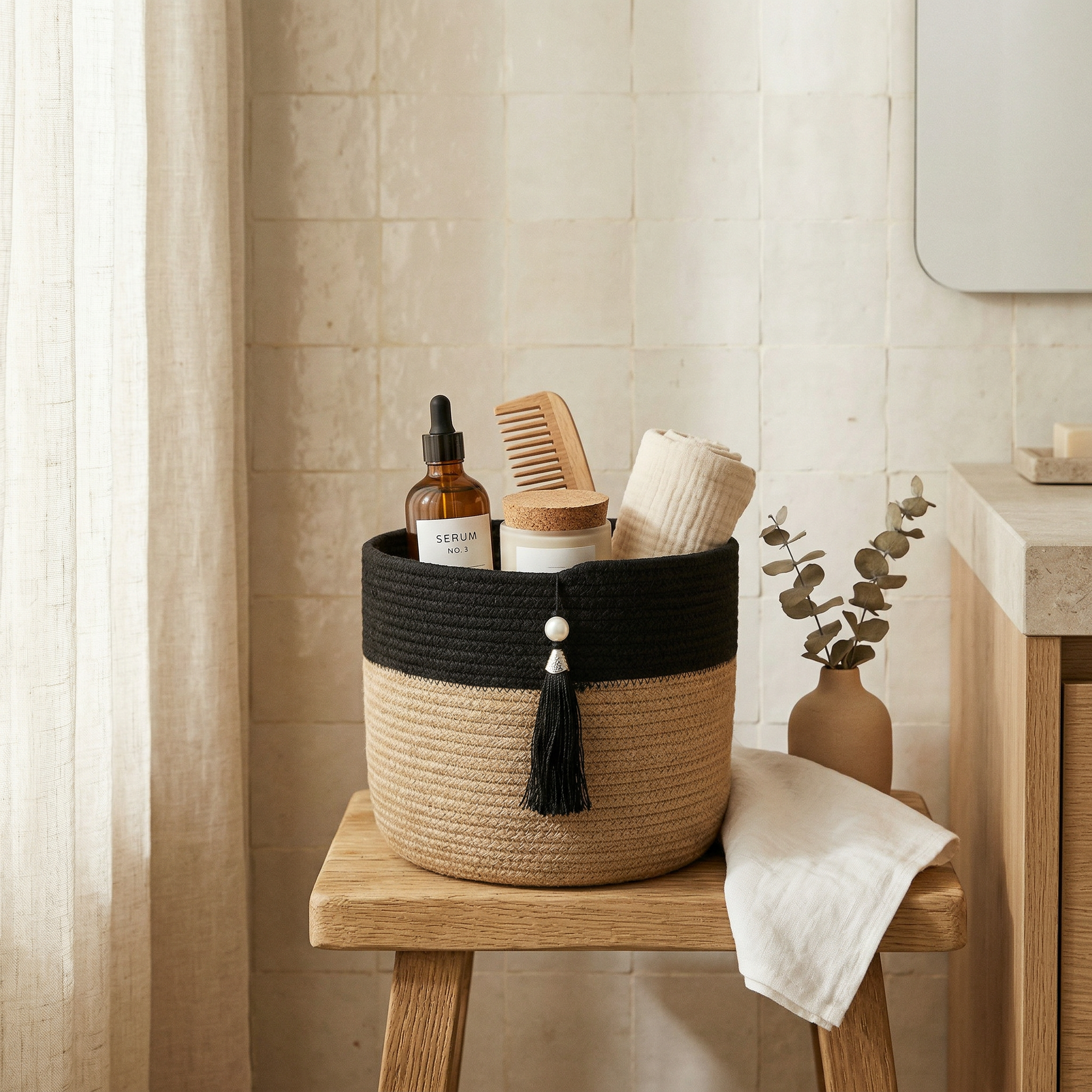 سلّة ديكور Black Tassel Basket تحمل مشطاً وزجاجة سيروم ومنشفة ملفوفة وعبوة صغيرة، موضوعة على مقعد خشبي قرب مزهرية بيج بأوراق أوكالبتوس وقماش أبيض في حمام ببلاط فاتح.