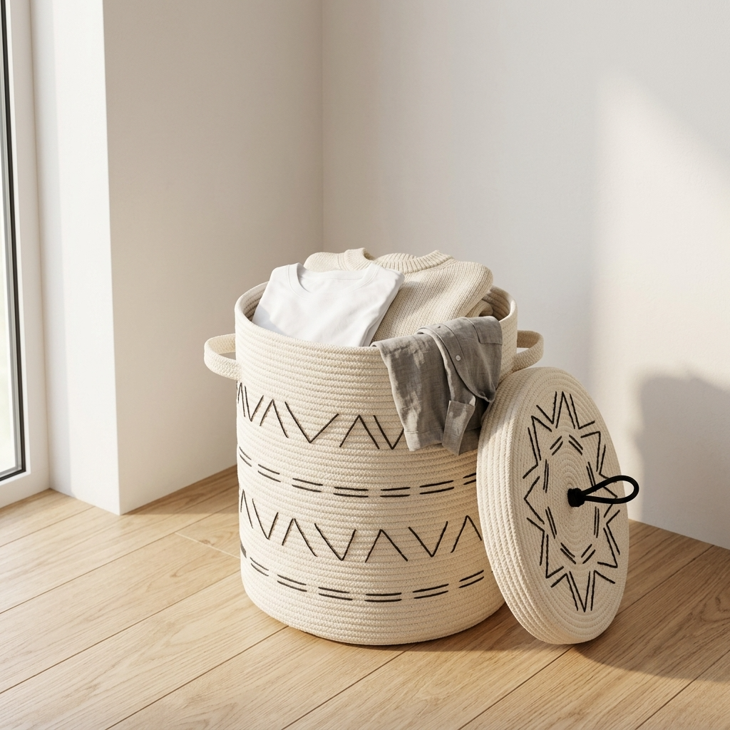 The Geo Basket, a woven سلّة تخزين قطنية with black geometric patterns, sits on a wooden floor by a sunny window. Its lid is off, and clothes like a white shirt and gray pants are draped over the edge.