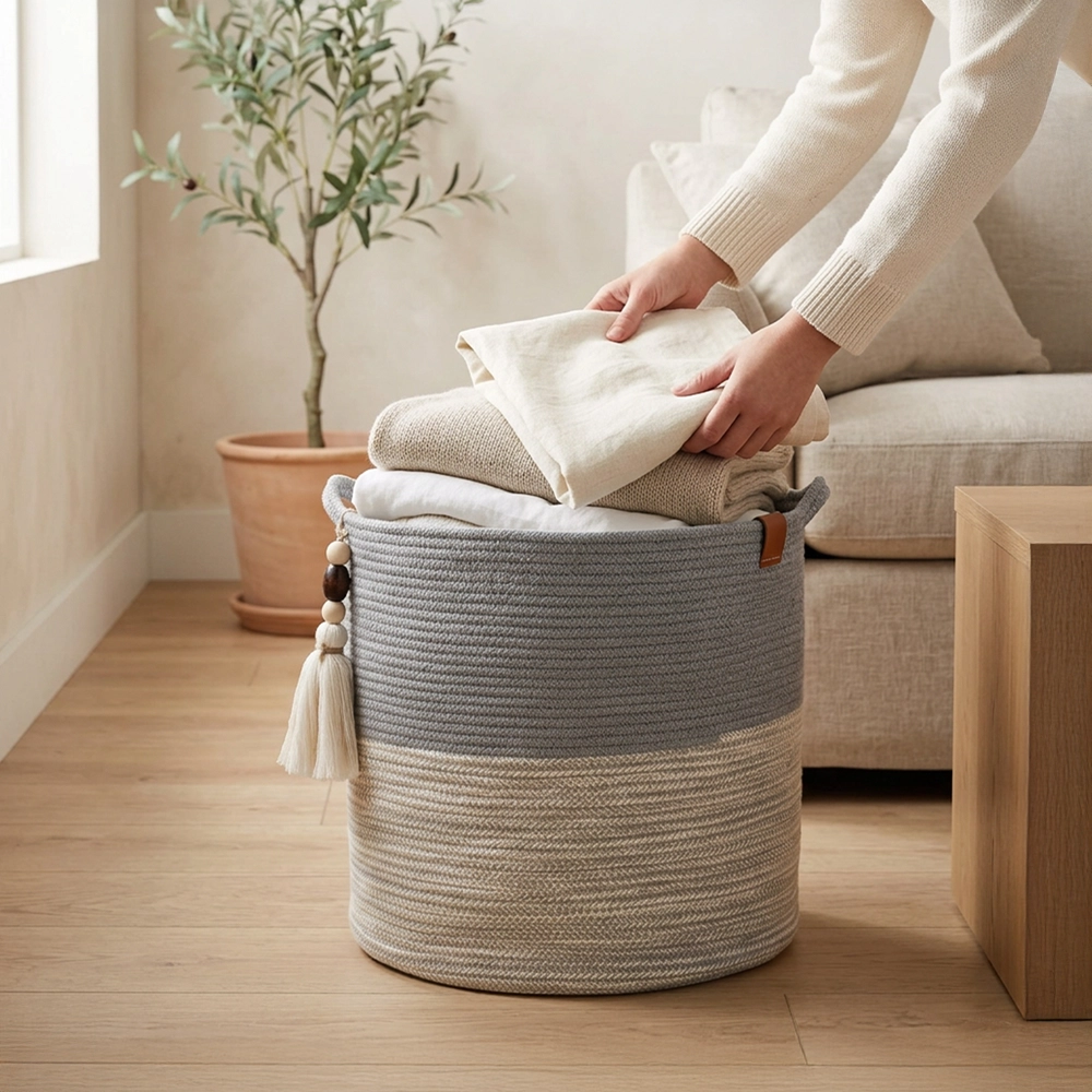 A person places folded towels into an Ocean Gray Basket with a tassel beside a beige sofa and potted plant in a cozy, softly lit room with wooden flooring.