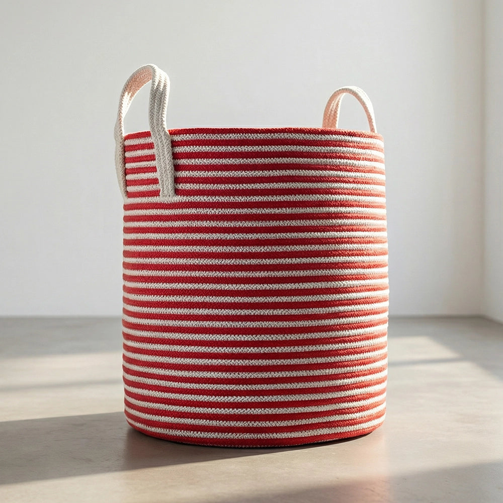 سلة Terra Red بتصميم مخطط باللونين الأحمر والأبيض، مزودة بمقبضين ومصنوعة من خامة قطنية منسوجة، موضوعة على سطح فاتح تحت أشعة الشمس.
