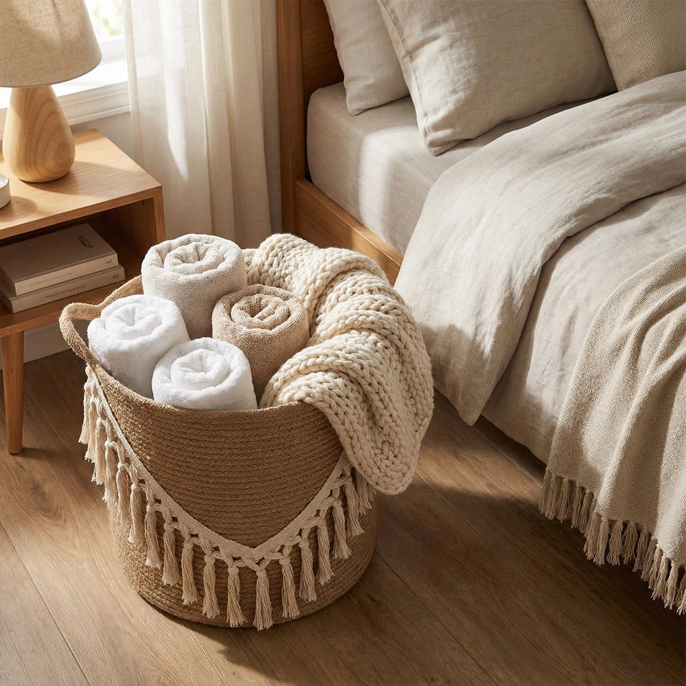 سلة Bohème مع شرابات تحمل مناشف بيضاء وبيج وبطانية محبوكة، موضوعة على أرضية خشبية بجوار سرير بأغطية حيادية في غرفة نوم دافئة، مثالية لتخزين وتنظيم المساحة.