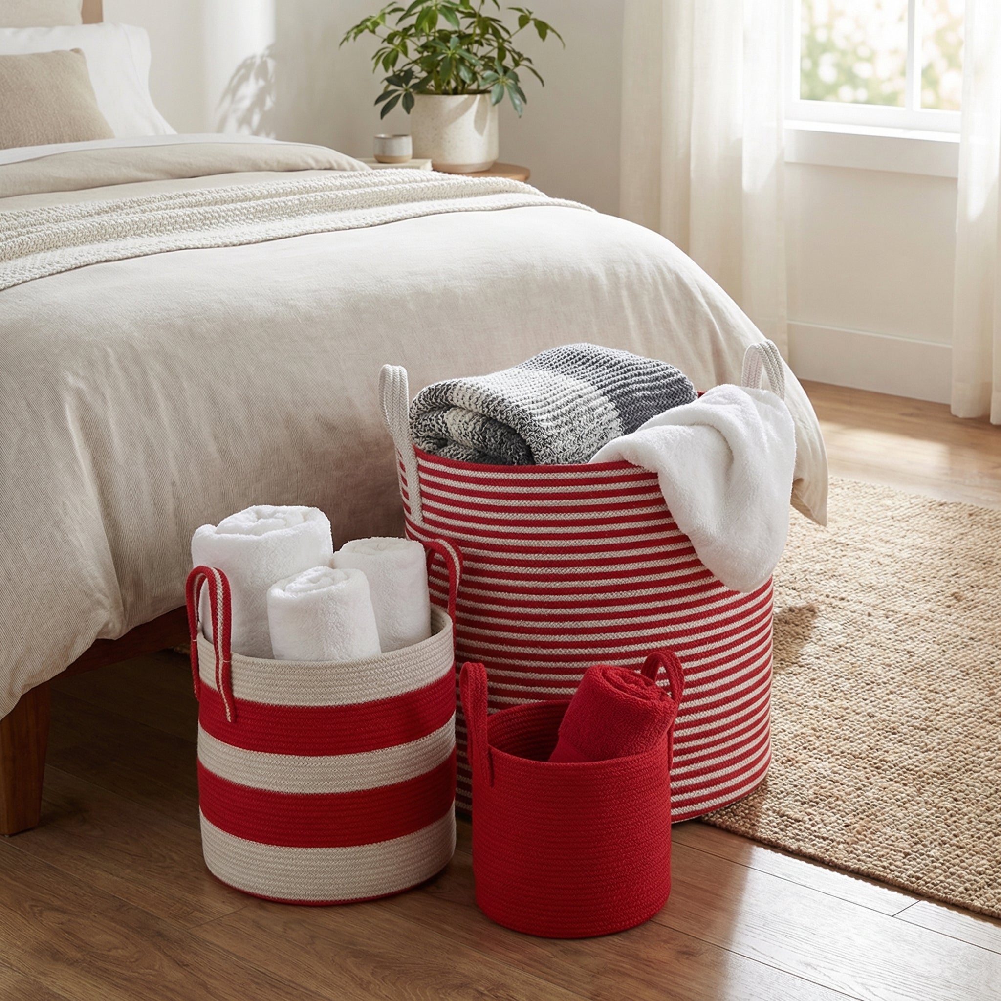 Three Terra Red Baskets of different sizes sit on a wooden floor next to a bed, each filled with folded towels and blankets. Sunlight streams in through a window, brightening the cozy bedroom.