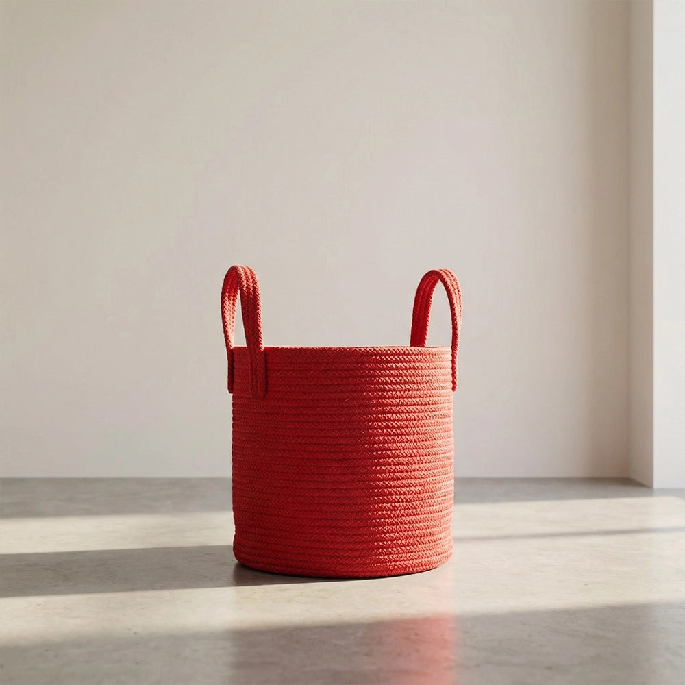 The Terra Red Basket, featuring two handles, rests on a smooth, light-colored surface illuminated by soft natural light from the right.